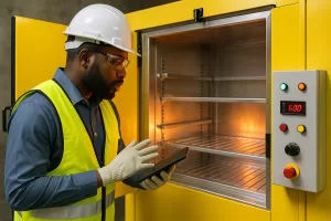 Técnico industrial com colete refletivo e capacete operando forno industrial amarelo com tablet.