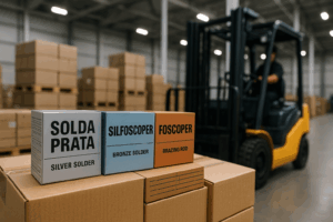 Processo logístico industrial em São Paulo com embalagens de soldas metálicas sendo preparadas para envio, representando agilidade na produção.