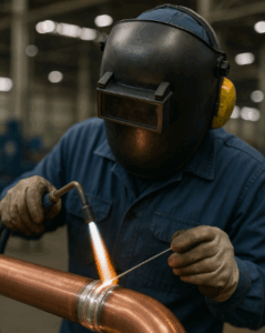 Soldador aplicando Silfoscoper em tubulação de cobre em ambiente industrial em São Paulo, com cordão de solda brilhante e uso completo de EPI