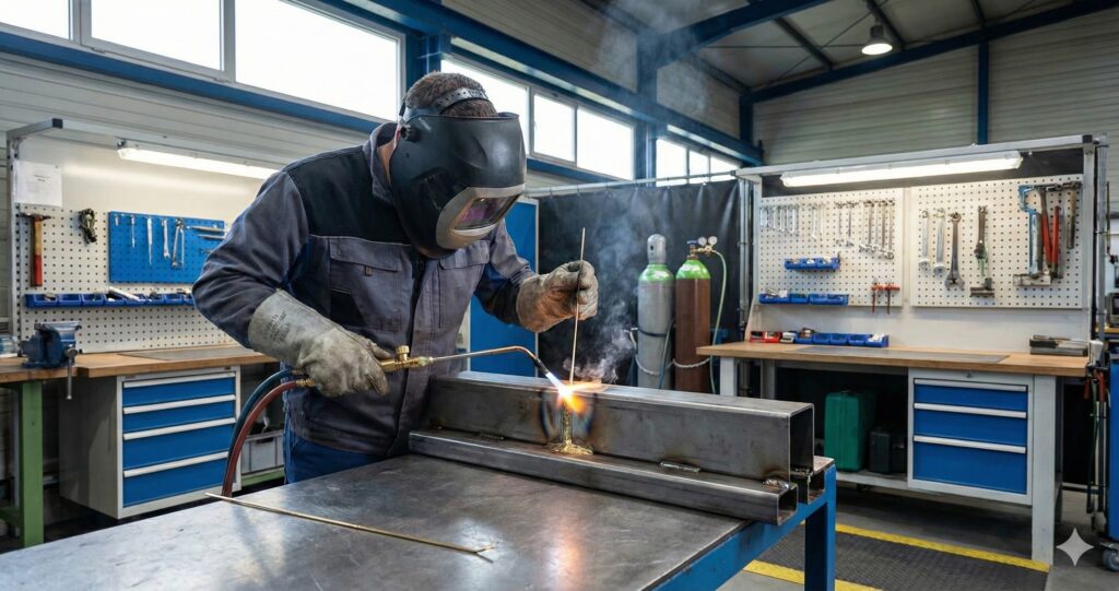 “Processo industrial de soldagem utilizando solda latão, representando fornecimento técnico especializado em São Paulo.”